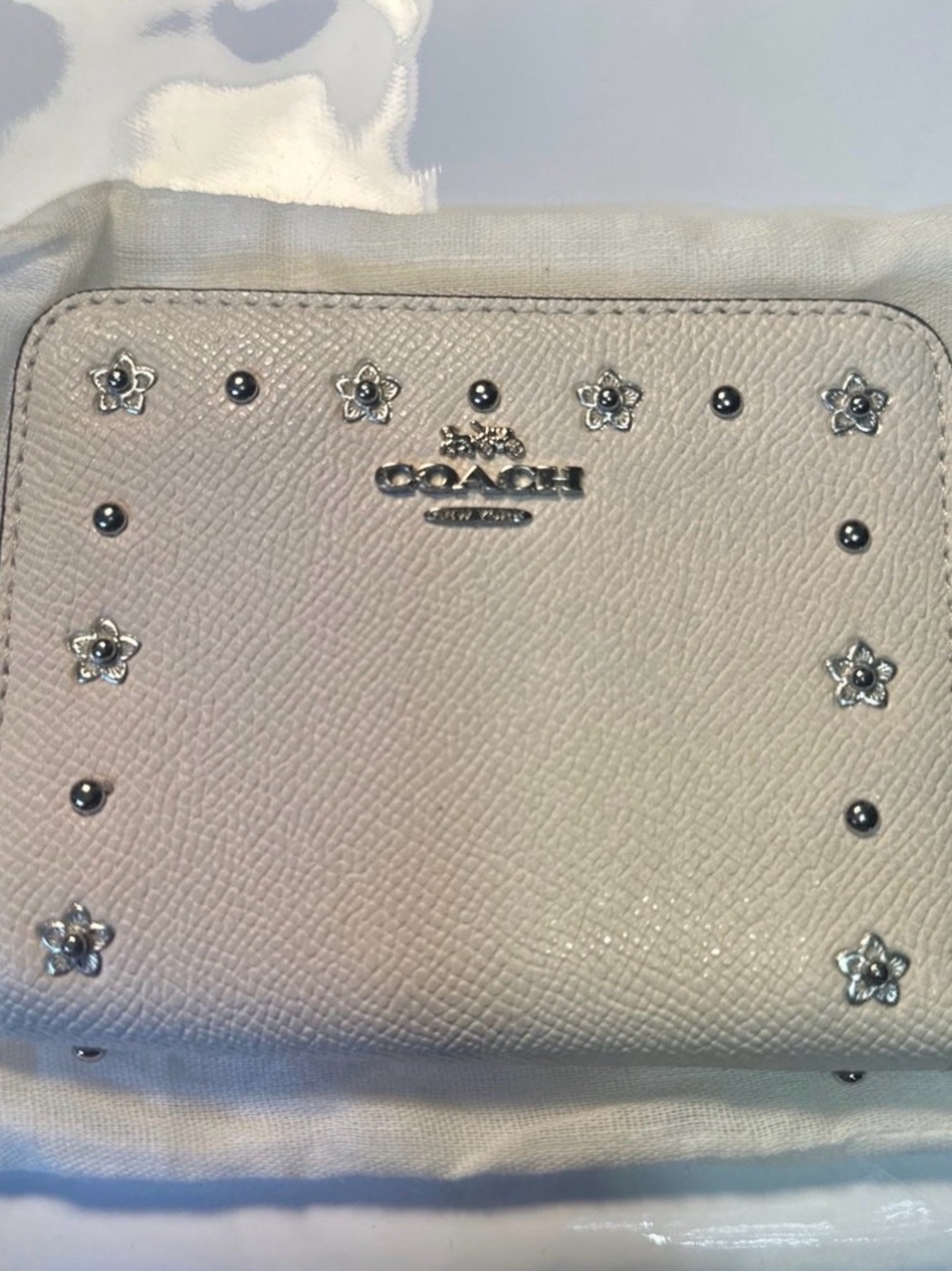 Coach Cream Leather Floral Stud Zip Wallet with Silver Accents